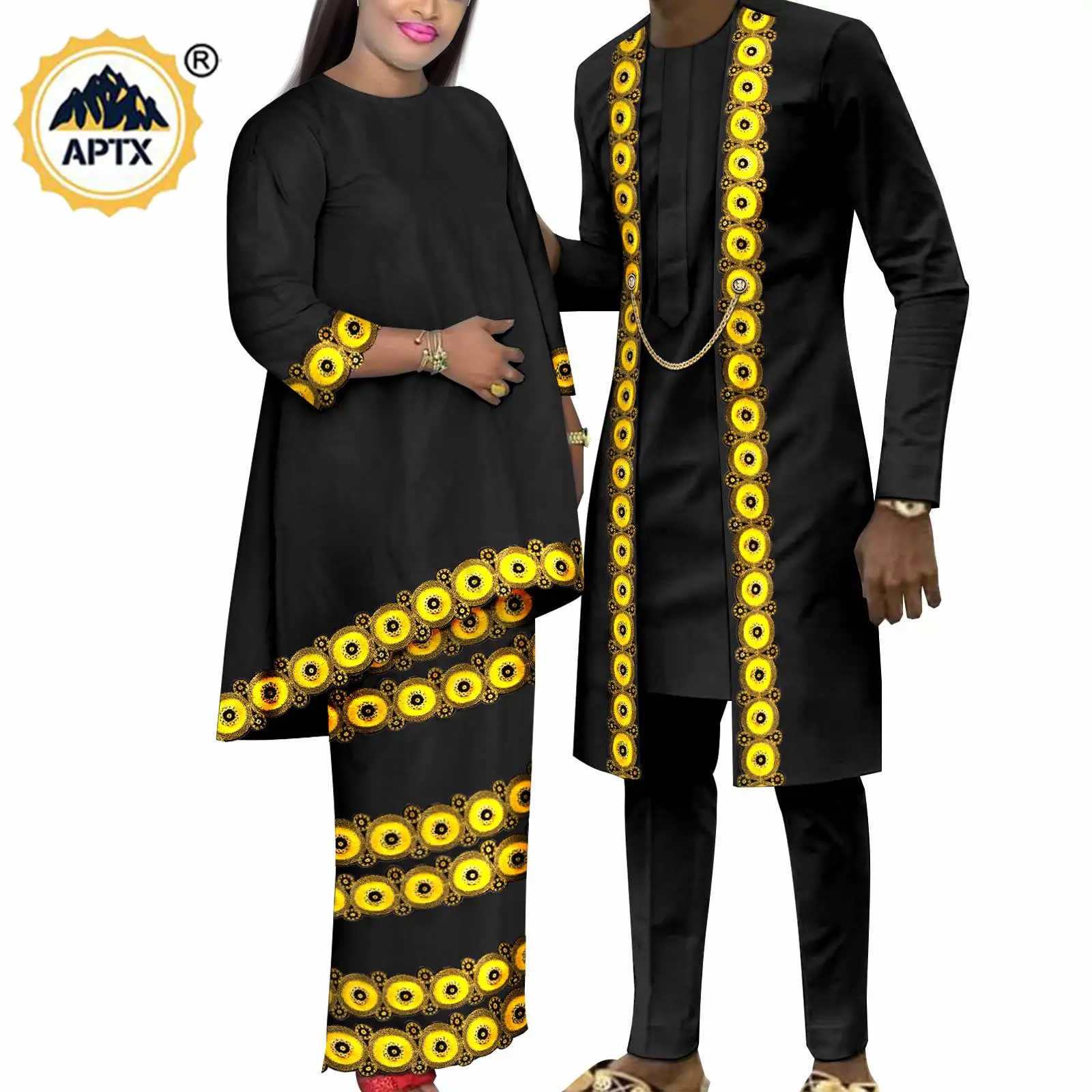 African Matching Outfit for Couples Dashiki Women Appliques Top and Skirt Sets Bazin Riche Men Suits Wedding Outfits Y23C113