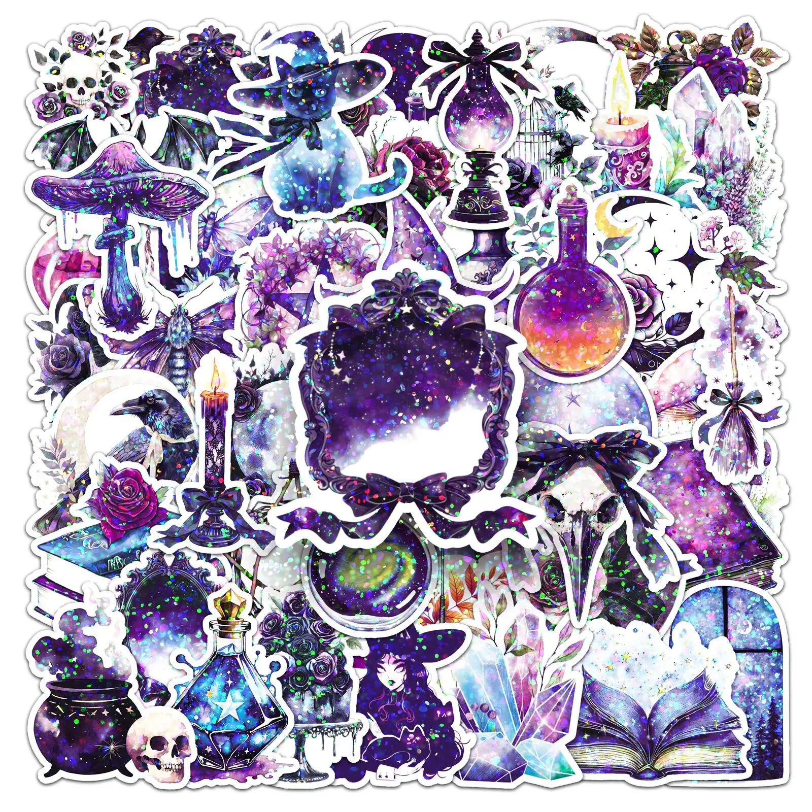 50Pcs/Set Galaxy Witch Stickers PVC Waterproof Mystical Crystal Ball Vinyl Decals for Laptop Halloween Decor Party Favors Gifts