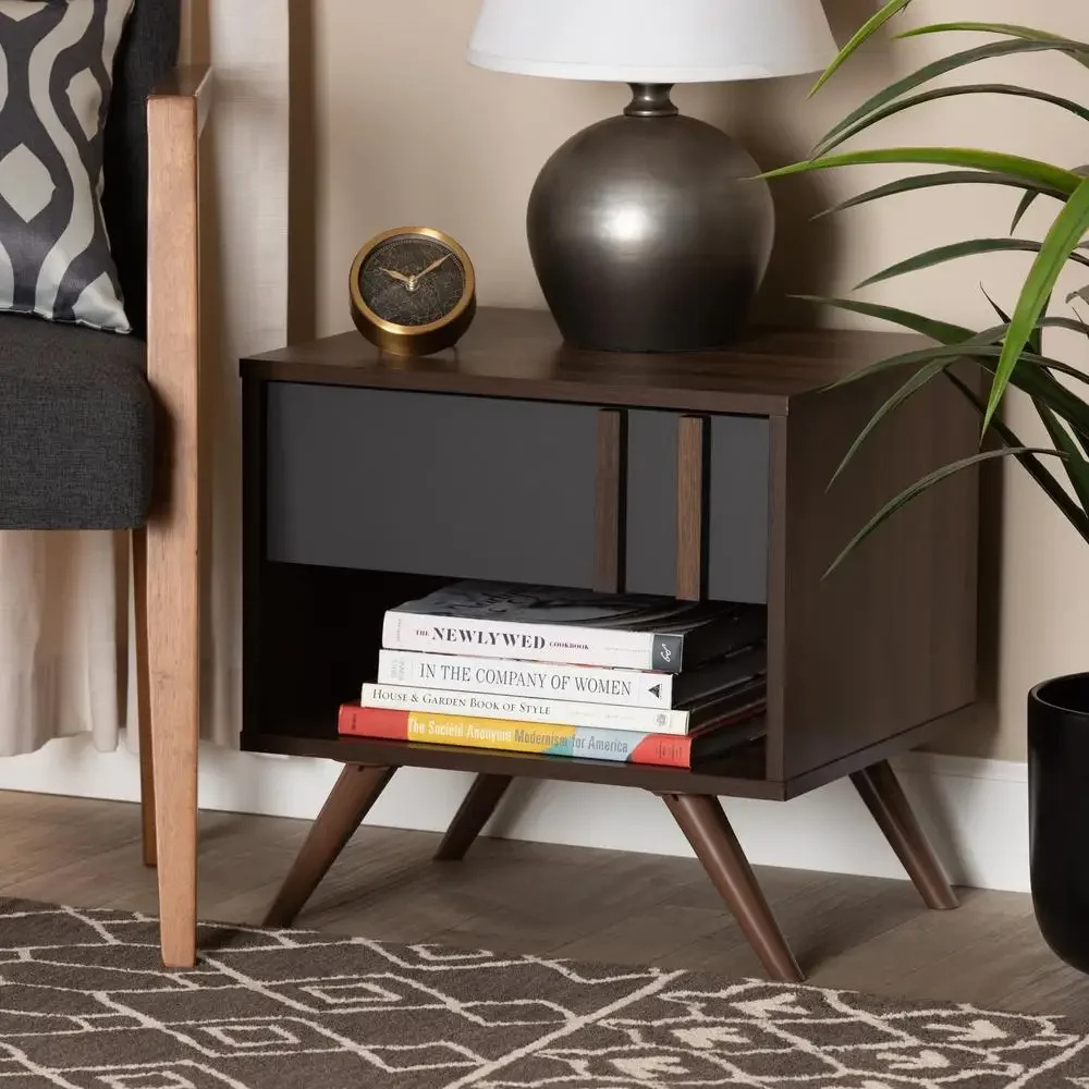 Two-Tone Wooden Nightstand with Drawer and Shelf Storage Retro Style