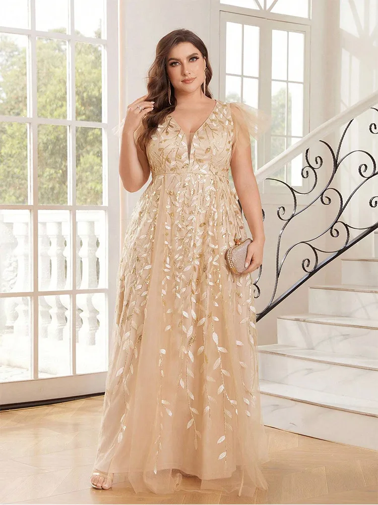 Plus Size V Neck Leaf Beads Apricot Mesh Floor Standing Wedding Evening Dress Big Size Prom Gown 4XL 5XL Shiny Mesh Women