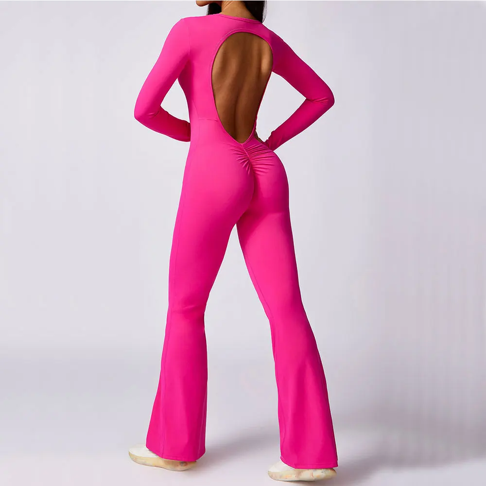 Sexy Back V Jumpsuit Gym Set Women Training Yoga Suit Sportswear Sports Long Sleeves Fitness Rompers Stretch Workout Bodysuits