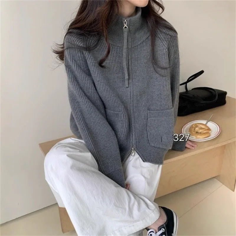 Opstaande Kraag Dubbele Rits Gebreid Vest Dames Top 2025 Herfst-winter Nieuwe Luie Stijl Losse Trui Jas
