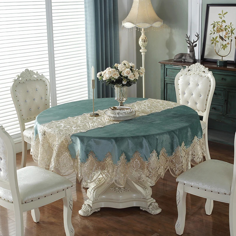 Table Cloth Round Table Blue Golden Velvet Table Cover Dining Table Cloths Embroidery Lace House Towel Chair Cover Dust Cover