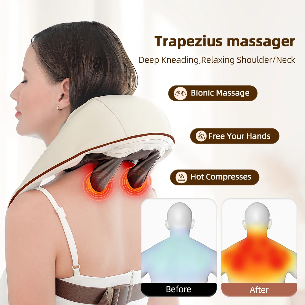 Hot Compress Kneading Shiatsu Massage Shawl Neck Chiropractic Massager for Shoulder Relax Trapezius Massager