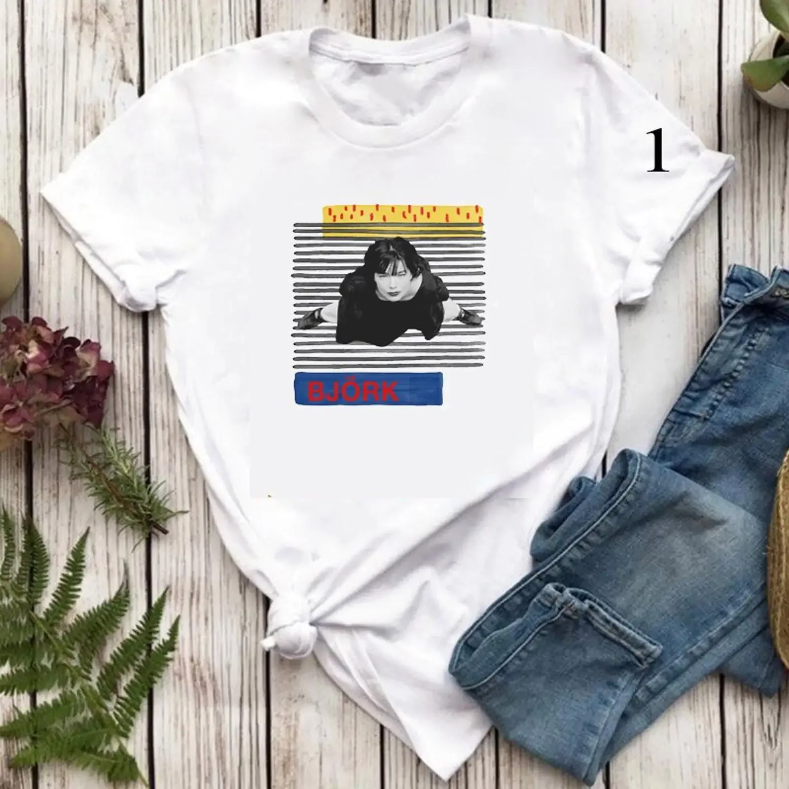 Björk amp quot Debut Album T Shirt Vintage Art Print Soft Cotton to her vintage Washed homme Casual graphic Slightly