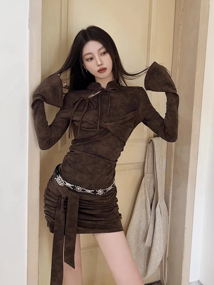 ReddaChic Teksturowana wiązana obcisła sukienka damska Neo-chińska wstążka Stójka Rozkloszowane rękawy Marszczenie Mini sukienka Party Jednoczęściowa