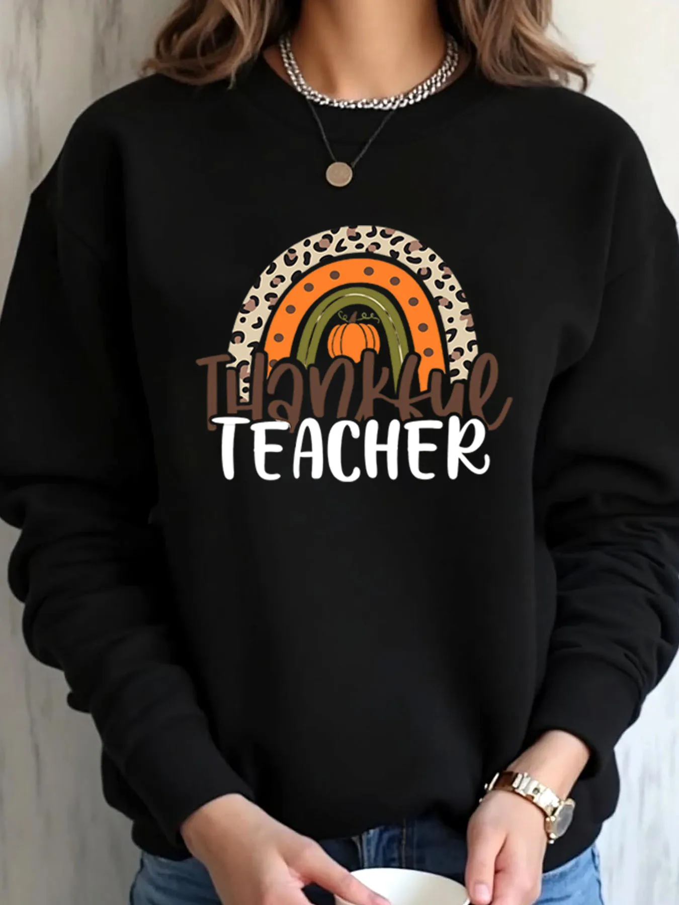 Sudadera de talla grande para mujer, ropa informal de otoño con estampado de maestro agradecido de calabaza y arcoíris de leopardo de Acción de Gracias