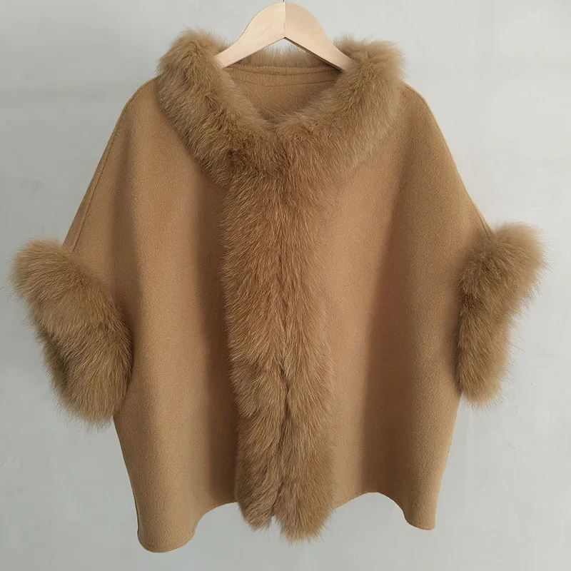 2026 Women Autumn Real Fox Fur Collar Poncho Fashion Warm Wool Blended Plus Size Coat Female Outwear Ovecoat