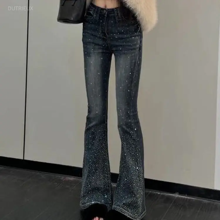 Y2k Denim Flare Pants For Women Rhinestones Vintage Streetwear Pantalones Mujer Korean Fashion Versatile Trousers