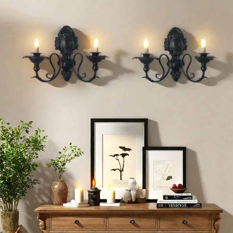 Portavelas de pared negro estilo retro americano, decoración de pared, soporte para vela, colgante para patio y porche