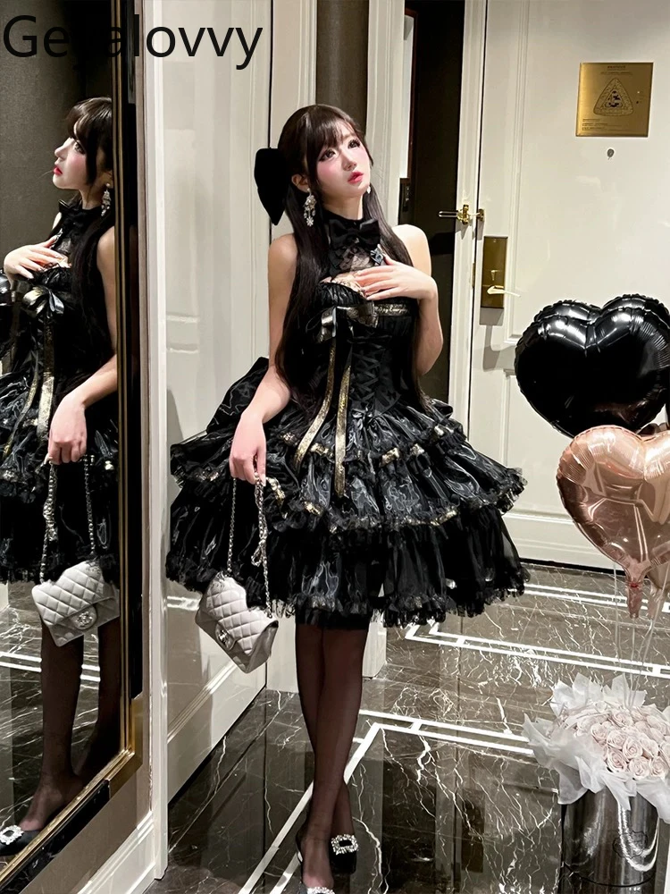 Vestido de fiesta sin mangas con hombros descubiertos, estilo princesa, cintura alta, ajustado, con tirantes de satén, cuello Halter, adelgazante, estilo Lolita