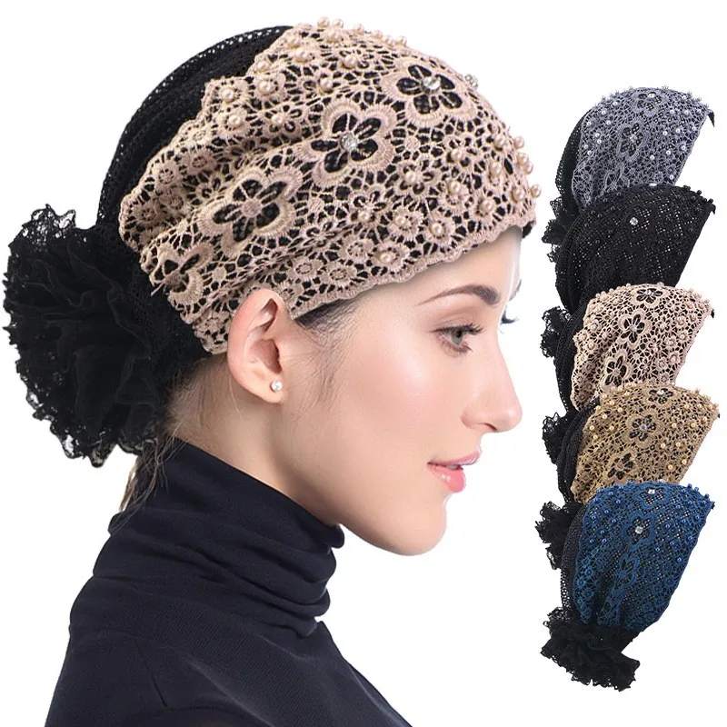 

Embroidery Beading Summer Women Lace Turban Cap Head Cover Caps Breathable Female Head Wraps Headwear Bonnet Turbante Mejur