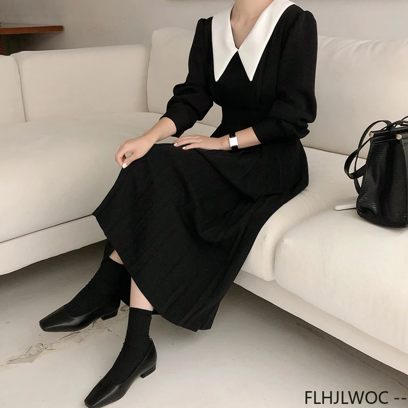 French Design Elegant Black Dresses Hot Sales New Women Short Sleeve Bow Tie Lace-Up White Collar Pleated Dress