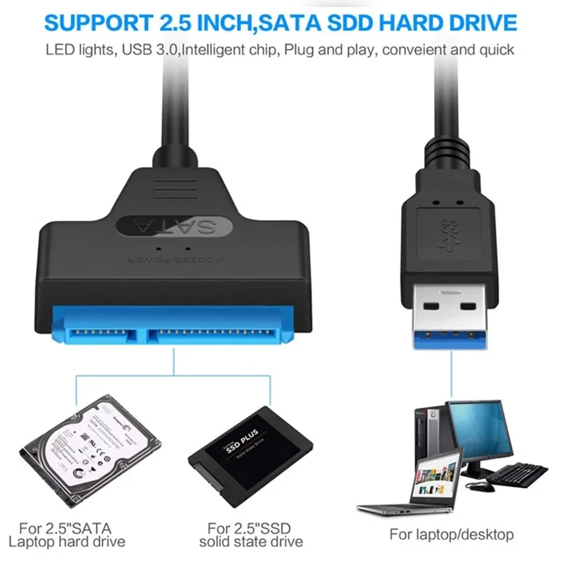 SATA To USB 3.0 / 2.0 / Type C Adapter Cable Up To 6 Gbps For  2.5 Inch External HDD SSD Hard Drive 22 Pin Adapter Sata III Cord