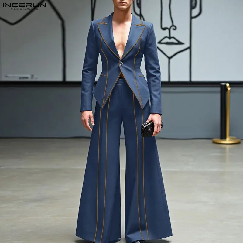 Incerun conjuntos masculinos retalhos elegante manga longa blazer & calças de perna larga duas peças define streetwear moda masculina ternos casuais