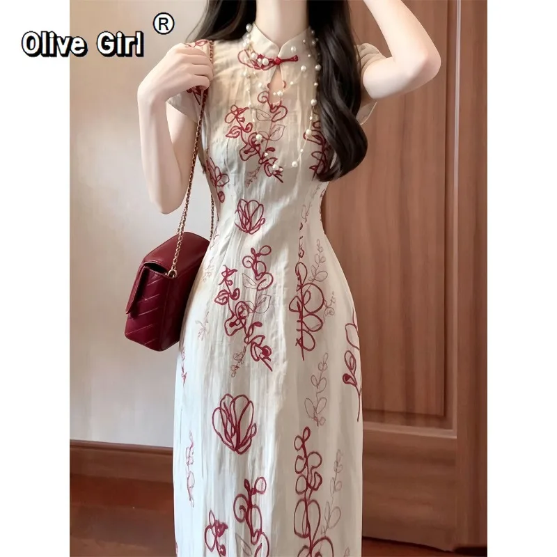 

Olivegirl 2026 Summer Dress Chinese Retro Embroidered Cheongsams Improved Qipao Temperament One-piece Stunning Dress