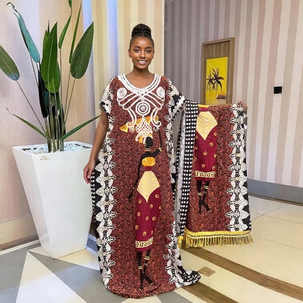 

2025 New Fashion Summer Loose Elegant Breathable Casual Large Scarf and Pocket Ethnic Embroidered Robe Abaya African Printed Cotton Women's Clothing