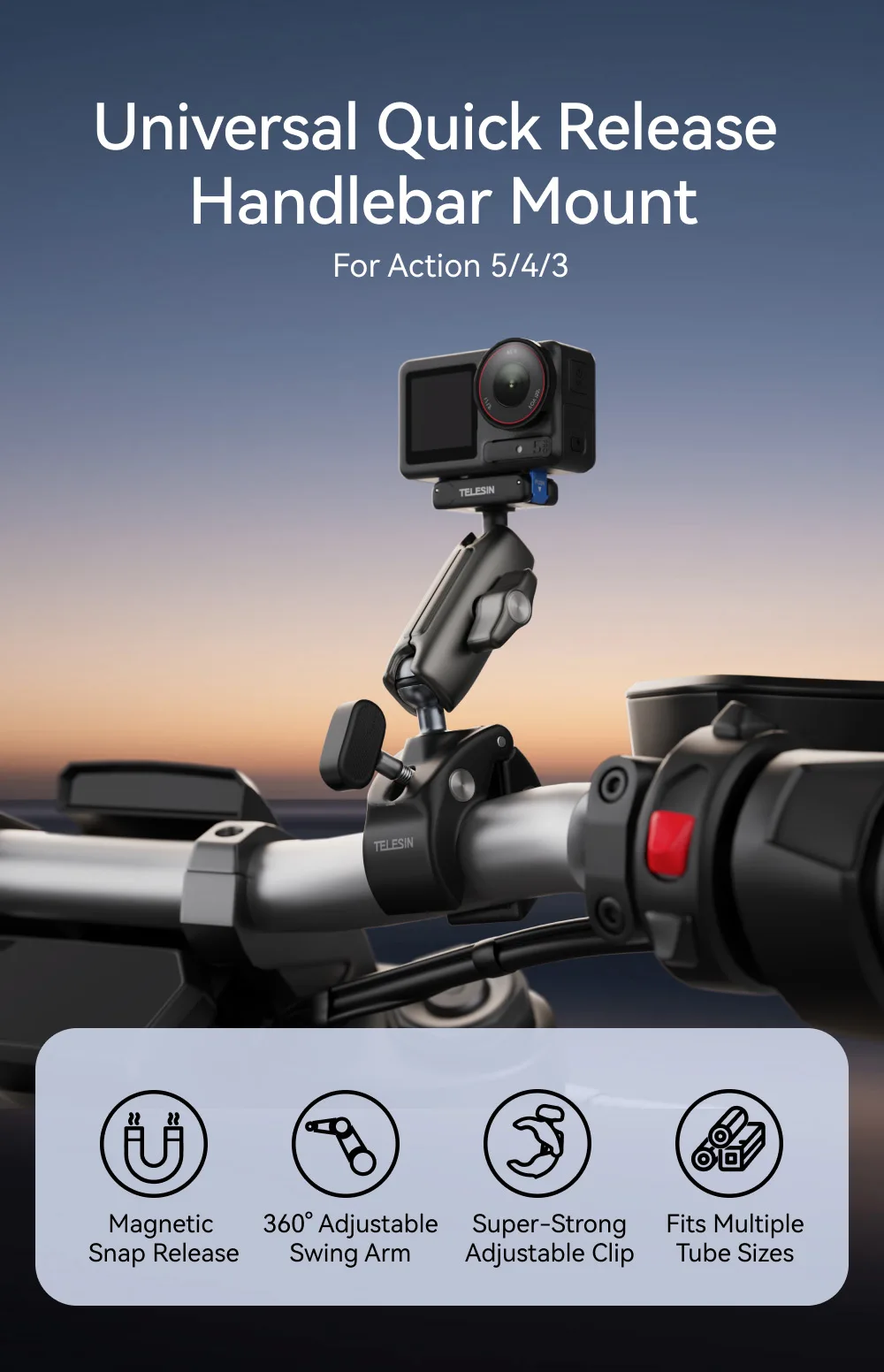 TELESIN Schnellverschluss-Drehbare Lenkerklemme für DJI OSMO Action 5 Pro 4 3 Rotations-Kugelkopfhalterung Motorrad-Zubehör – Detail 2
