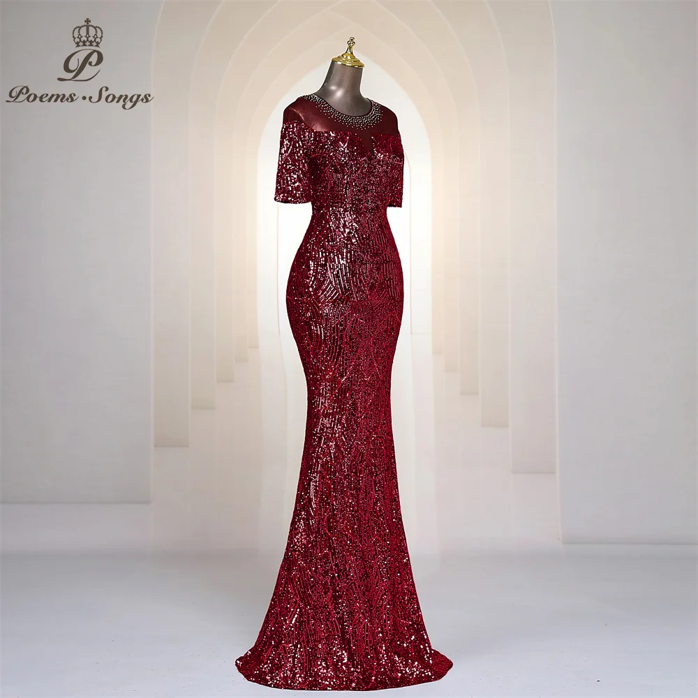 Burgundy Sequins Long Evening Dress With 34 Long Sleeves Sheer Jewel Neck Mermaid Floor Length Prom Dresses Party