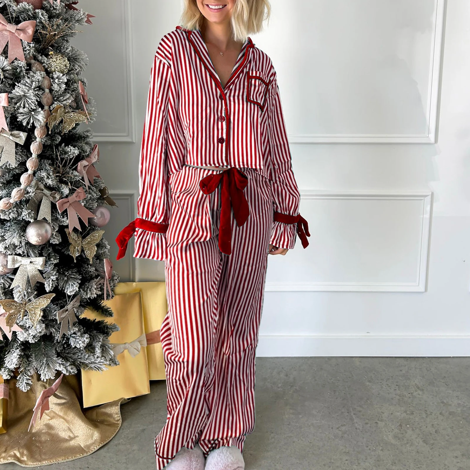 Womens Christmas Pajama Sets Striped Print Long Sleeve Button-up Shirts Tie-up Long Pants 2 Piece Sleepwear Pyjama Loungewear