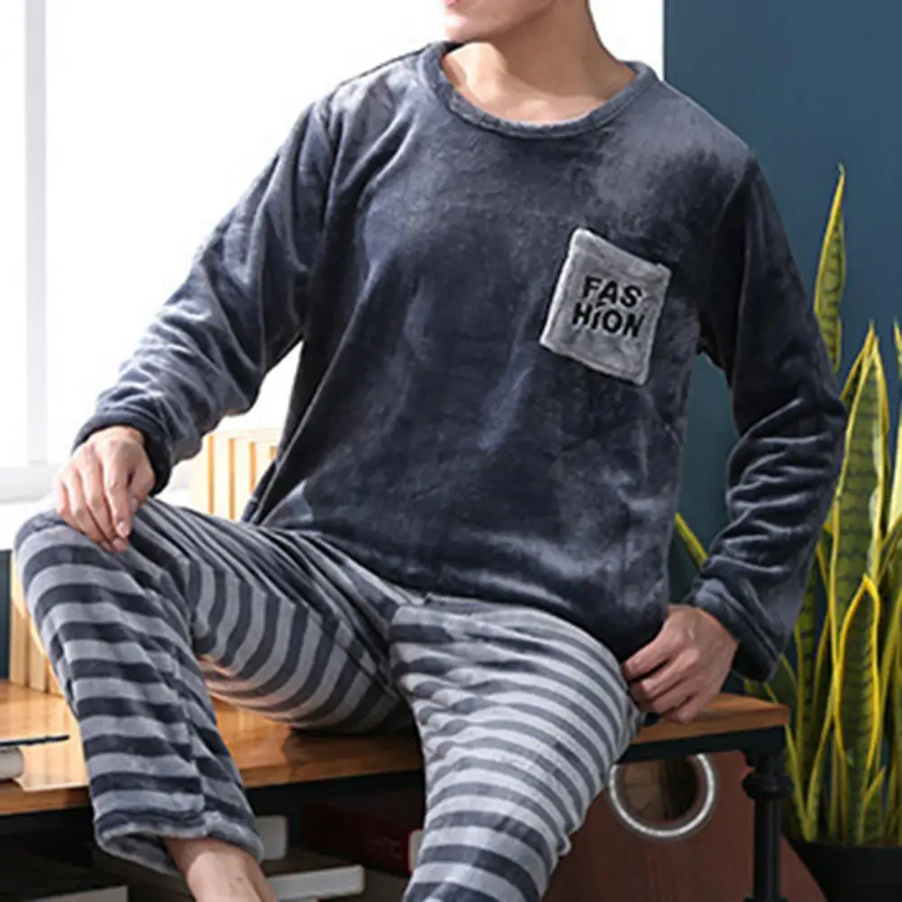 2 Pcs Men Winter Pajamas Set Autumn Winter Coral Fleece Round Neck Long Sleeve Lounge Sets Pajamas Home Suit Plush Loungewear