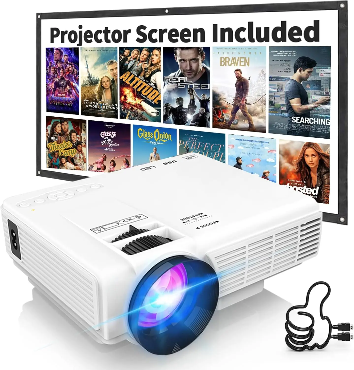 

1080P Mini Projector with Screen, Portable Home Theater, Two-Way Bluetooth, HDMI/USB, Indoor & Outdoor Use, White