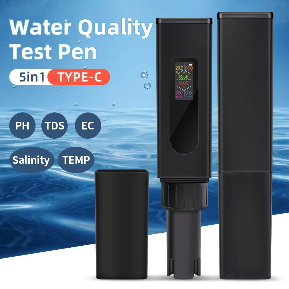 5 in 1 Water Quality Detector Rechargeable Digital PH EC TDS Salinity TEMP Monitor for Drinking Water Aquarium Swimming Pool Spa