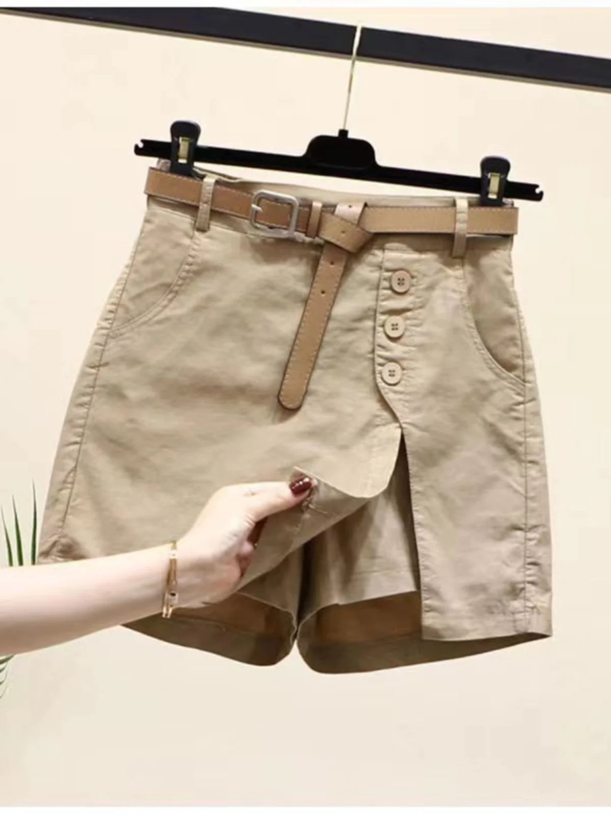 

Летние женские шорты-юбка из чистого хлопка на трех пуговицах, прямые повседневные хлопково-льняные брюки А-силуэта с широкими штанинами, длиной до колена