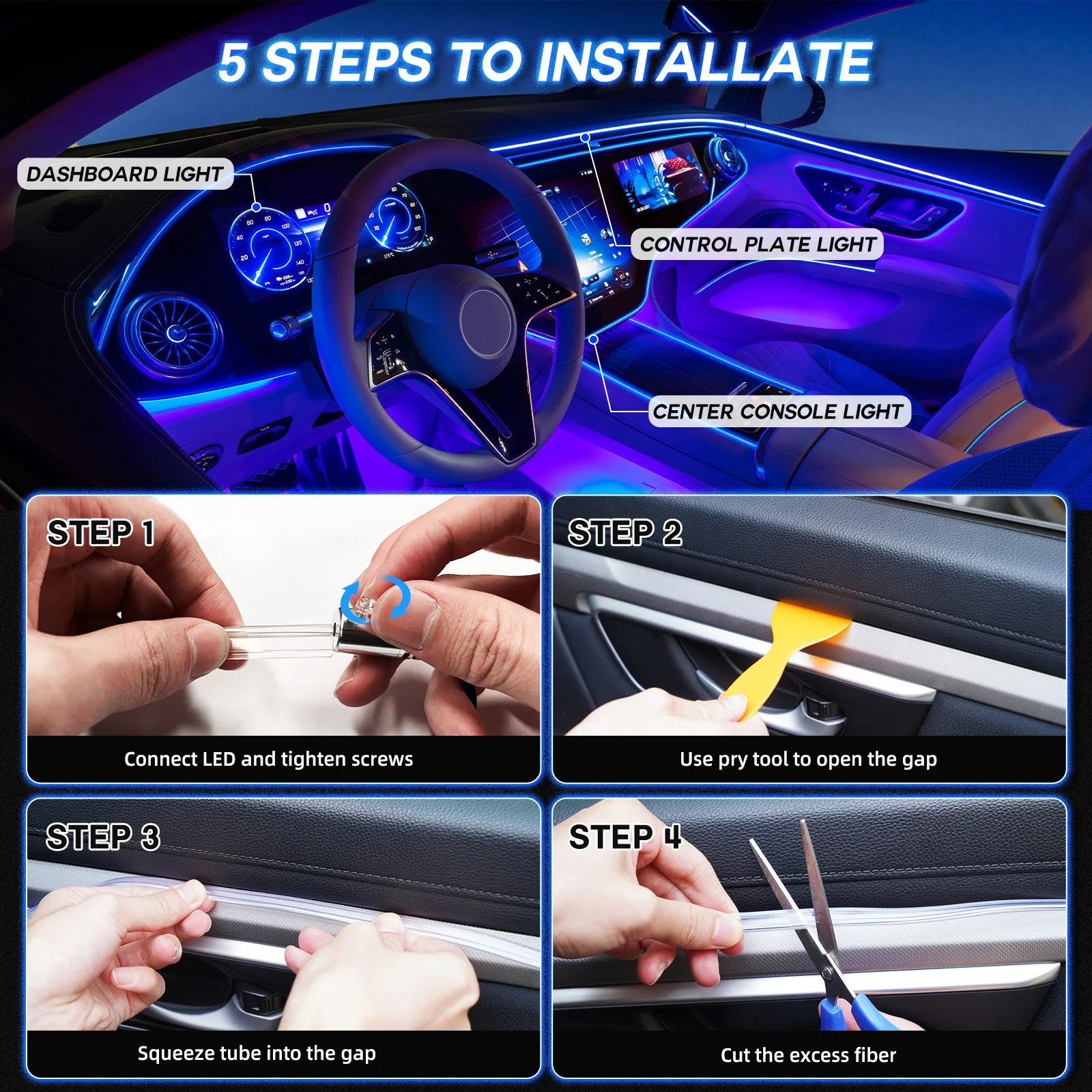 10M 8M 6M RGB Car Interior Fiber Optic Strip Light APP Remote Control Multi-Color Neon Atmosphere Decorative LED Light Kit