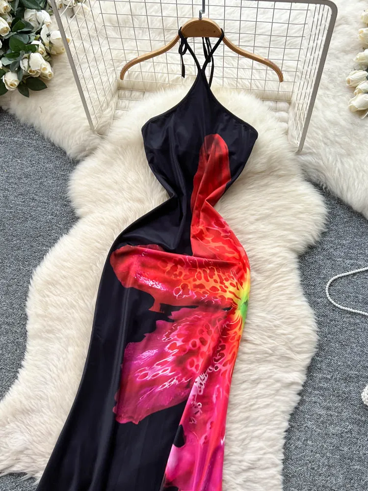 กระโปรงทรงเอเอวสูงพิมพ์ลายแฟชั่นฤดูร้อนสำหรับผู้หญิงสไตล์เกาหลี สายเดี่ยวเซ็กซี่ เหมาะสำหรับเดินทาง