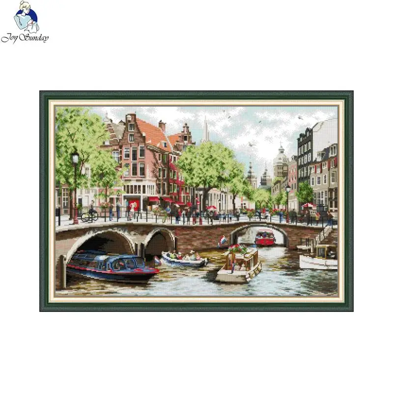 Streets of Amsterdam Scenery Pattern Cross Stitch Set 14CT White 11CT Printed Fabric Needle Thread Set DIY Embroidery Home Decor