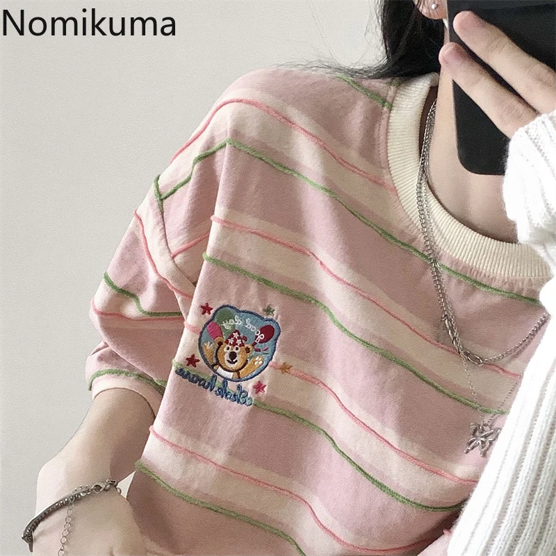 女性用ベア刺繍コットンTシャツ,半袖,ラウンドネック,ストライプTシャツ,カジュアルファッション,夏,y2k,2021