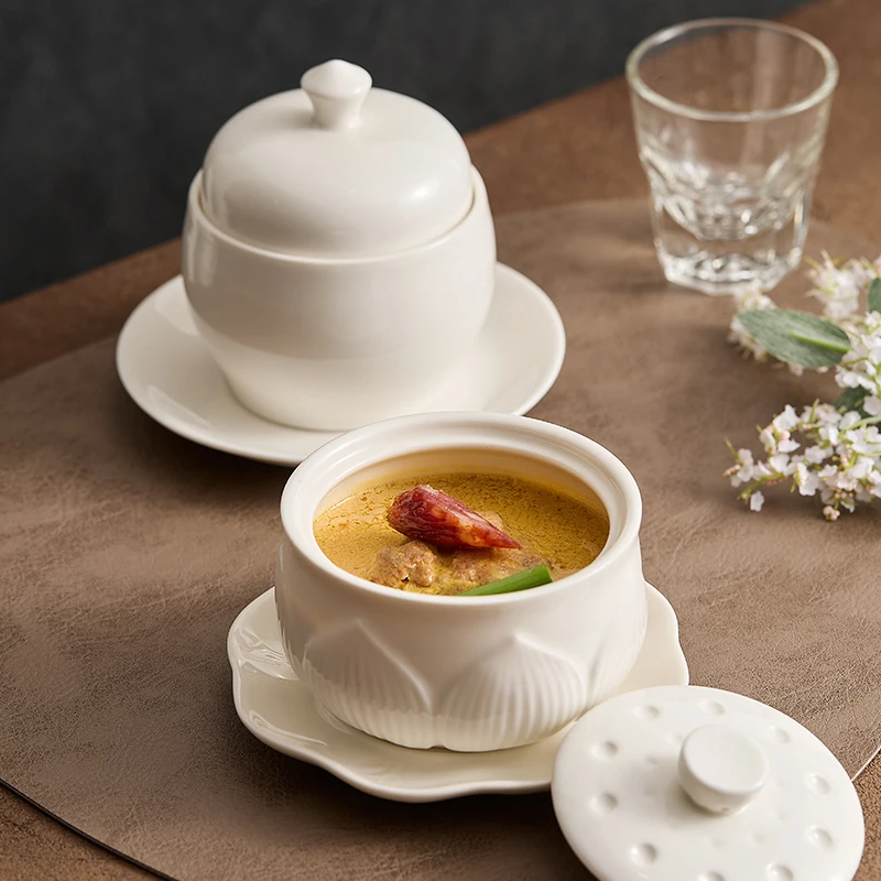 Ceramic Steamed Egg Bowl with Lid Dessert Bowl Dessert Bowl Soup Plate Snack Plate Sashimi Inventory Heart Plate