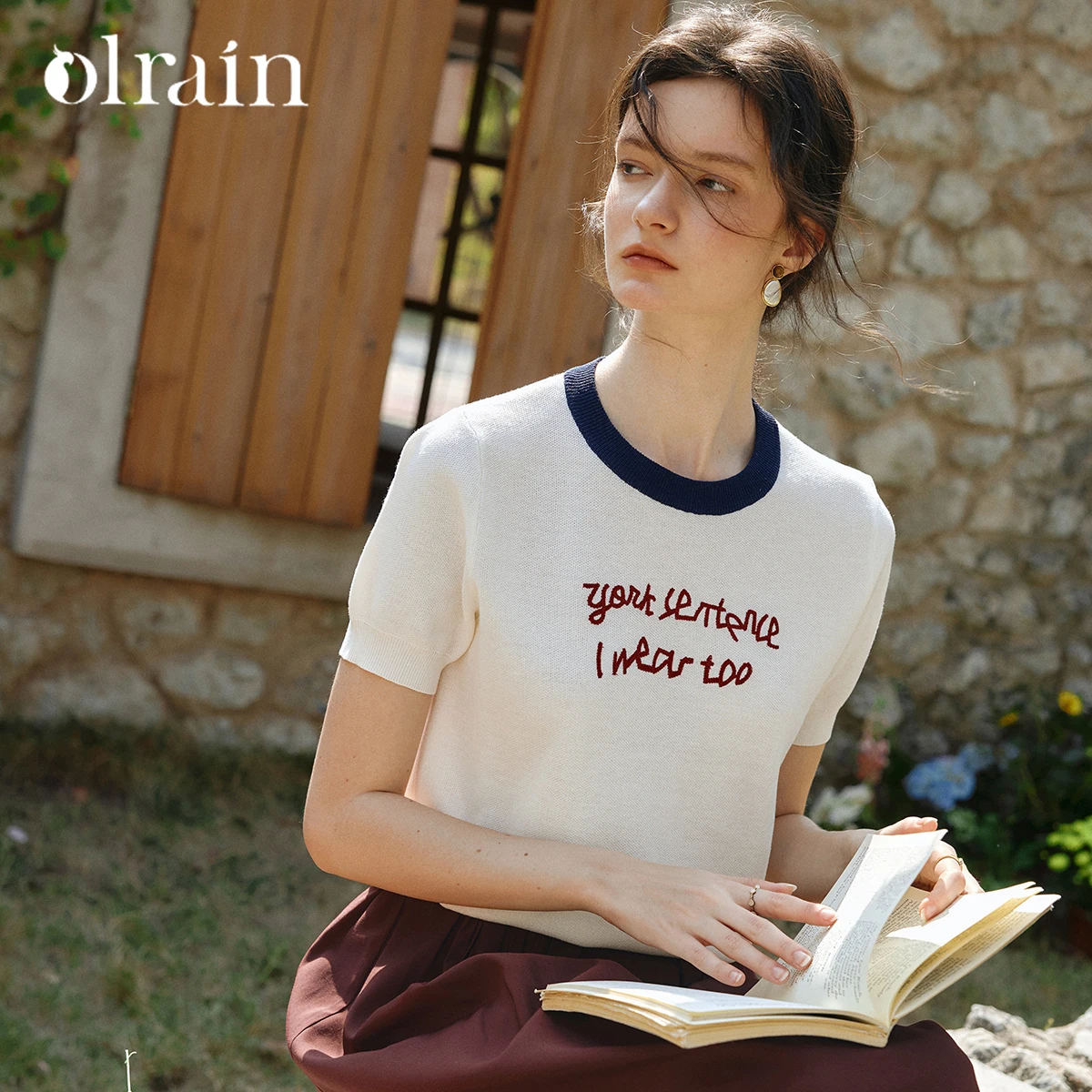 

OLrain White Knit Pullover Women 2026 Summer New Casual Contrast Ribbed Crew Neck Letter Embroidery Short Sleeve Top O58XZ005931
