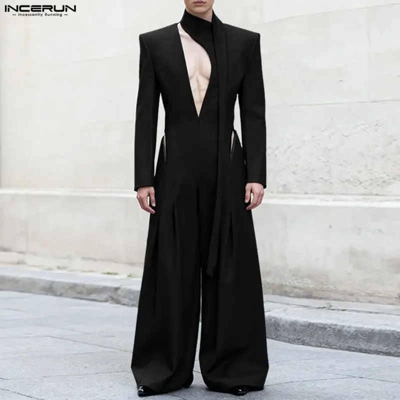 INCERUN Männer Overalls Einfarbig V-ausschnitt Langarm Aushöhlen Strampler Männer Streetwear Elegante Mode Lässig Overalls Mit Gürtel