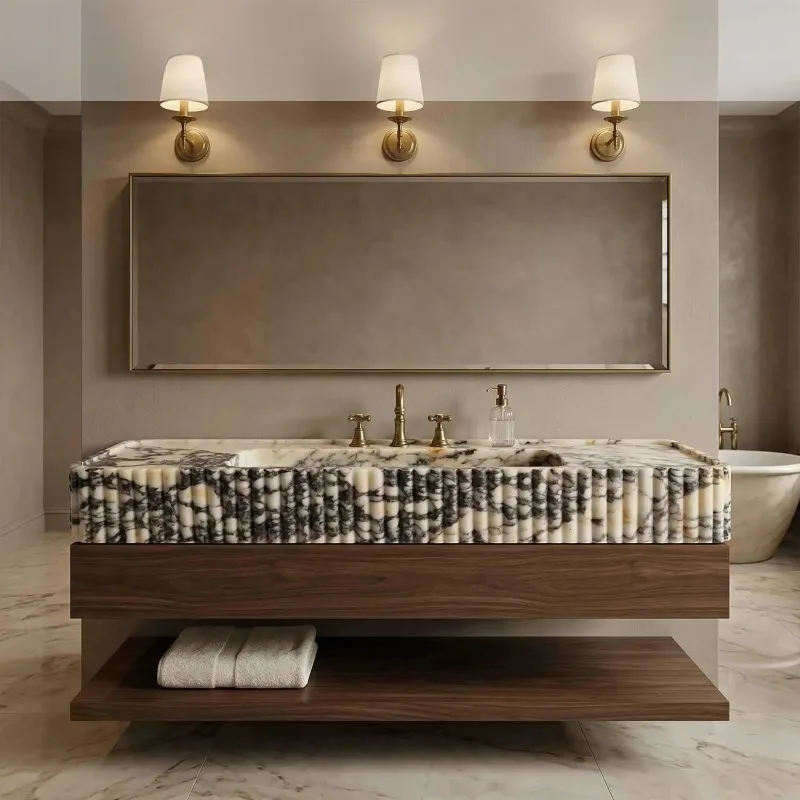 Floating Vanity Calacatta Viola Marble Sink Wall Mounted Fluted Bathroom Handcraved Stone Washbasin for Villa House Home