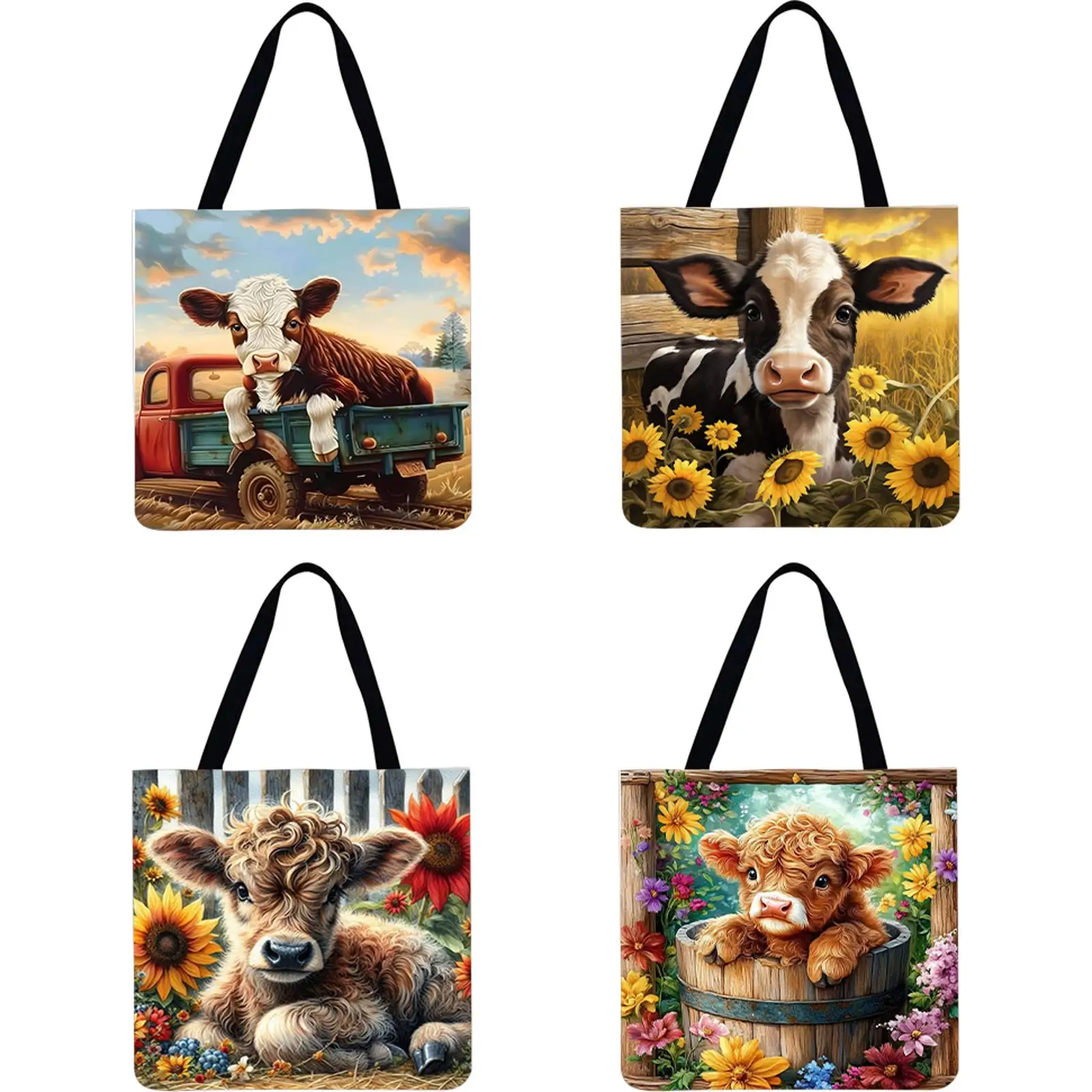 

Набор из 4 больших льняных сумок-тоут с принтом коровы