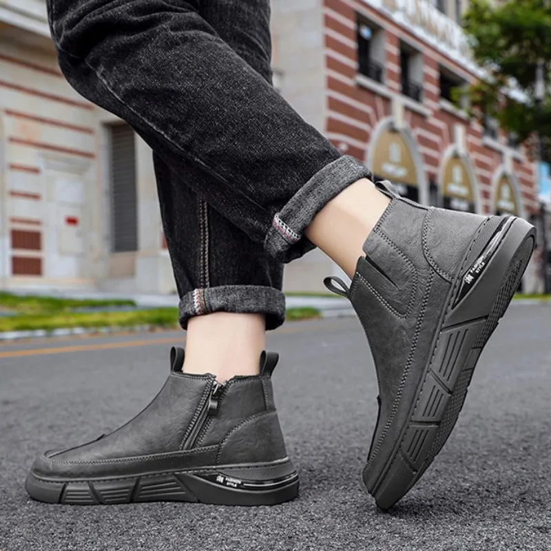 Fashion Men\'s High Top Ankle Boots Spring New Waterproof Non Slip Casual Shoes Men Leather Shoes Motorcycle Trend Platform Shoe