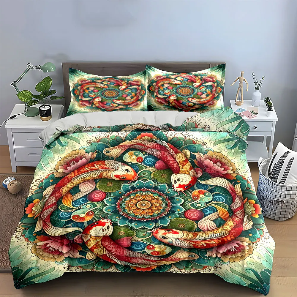 

Koi Fish Mandala Art Set Multiple sizes kid's and adults' bedroom Exquisite 3PC bedding set, gift