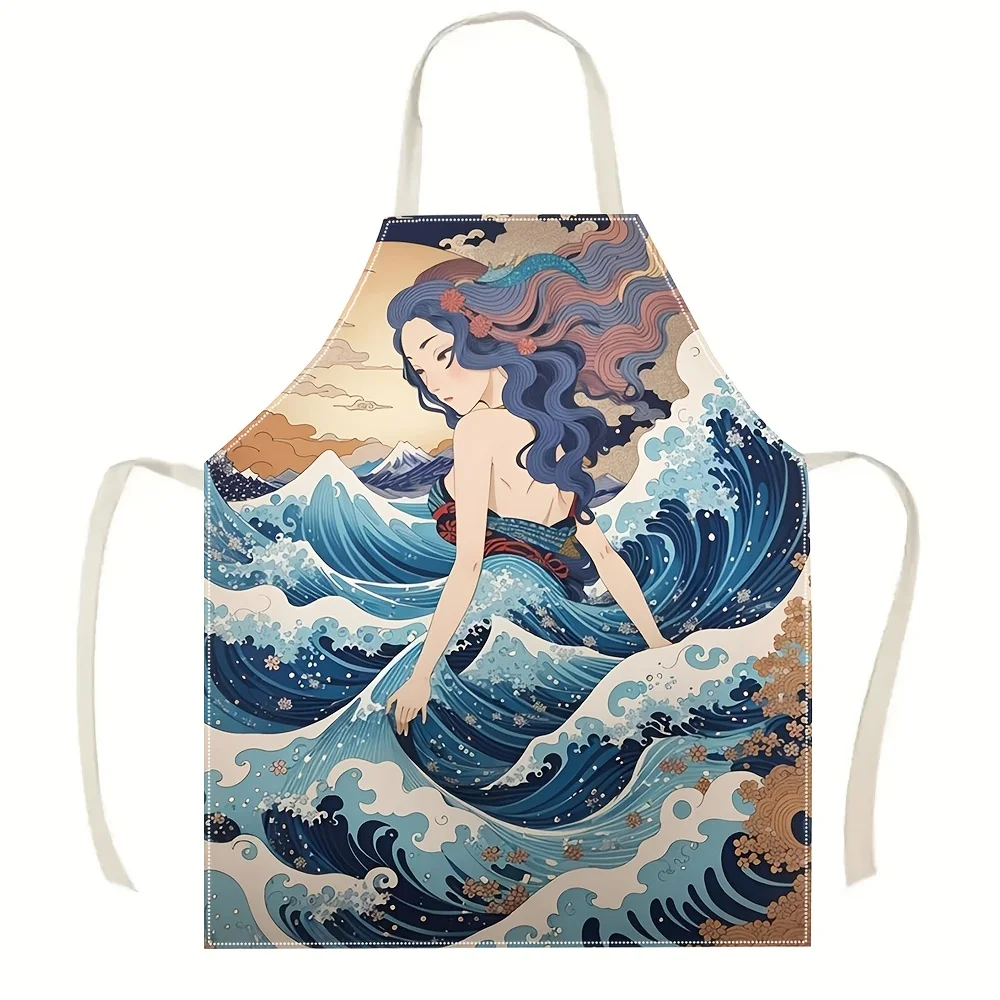 Schürze im Meerjungfrauen-Stil mit großen Wellen, Ukiyo-e-Kunstdruck, blau-weiße Wellen mit fließendem Haar, weiches Leinen, maschinenwaschbar