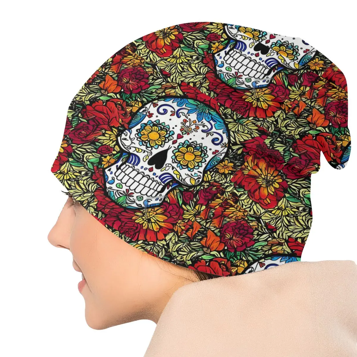Skull In Color Bonnet Homme Autumn Spring Thin Skullies Beanies Day Of The Dead Mexico Skull Caps For Men Women Novelty Hats