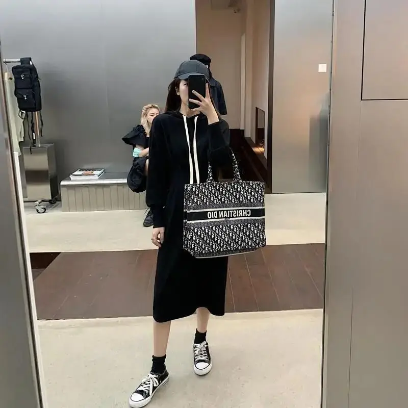 

Slimming Effect Korean Style Hooded Waist-Cinching Spring Autumn New Mid-Length Sweater Dress Pure Color Loose Fit Casual Wear
