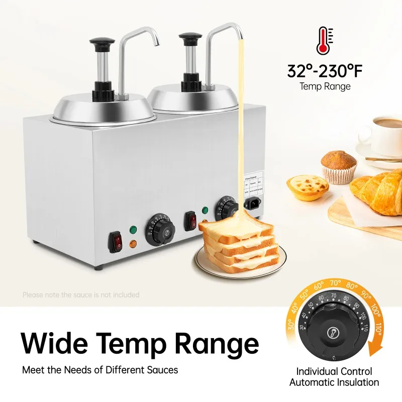 

2*2.64QT Double Sauce Warmer Stainless Steel Nacho Cheese Warmer Hot Fudge Chocolate Dispenser for Hotel Restaurant Canteen