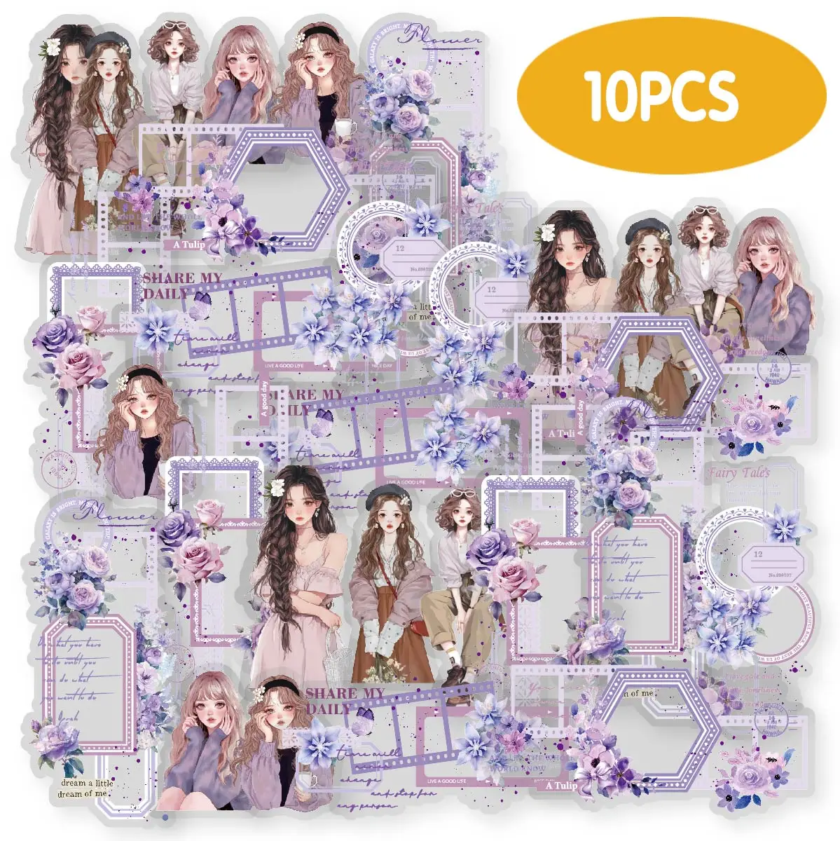 10pcs Purple  Flower and Person Stickers for Laptops, Scrapbooks, Suitcases, Notebooks, Kids Crafts, Decorative Paper Stickers