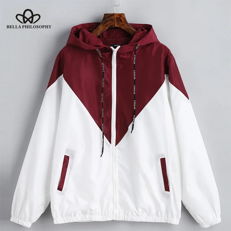Bella Philosophy Spring Autumn Hooded Two Tone Windbreaker Jacket Zipper Pockets Casual Long Sleeves Feminino Coats Outwear