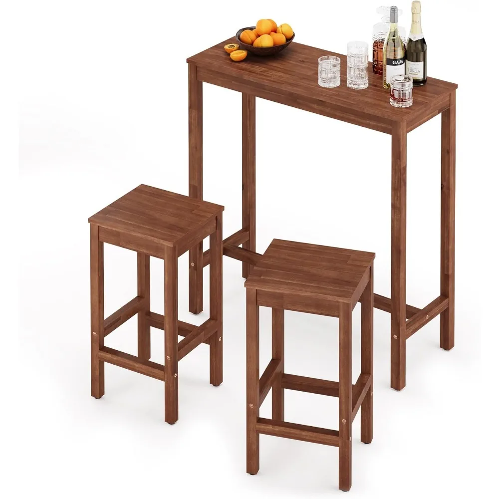 

Bar Table and Chairs Set, Acacia Wood Pub Table with 2 Stools, Rectangular Counter Height Table Set for Dining Room, Kit