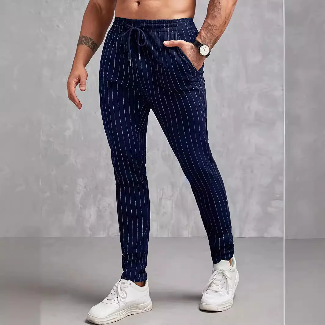 

Summer Men's Striped Pocket Casual Small Feet Pants Casual Men Sports Drawstring Solid Slim Sweatpants