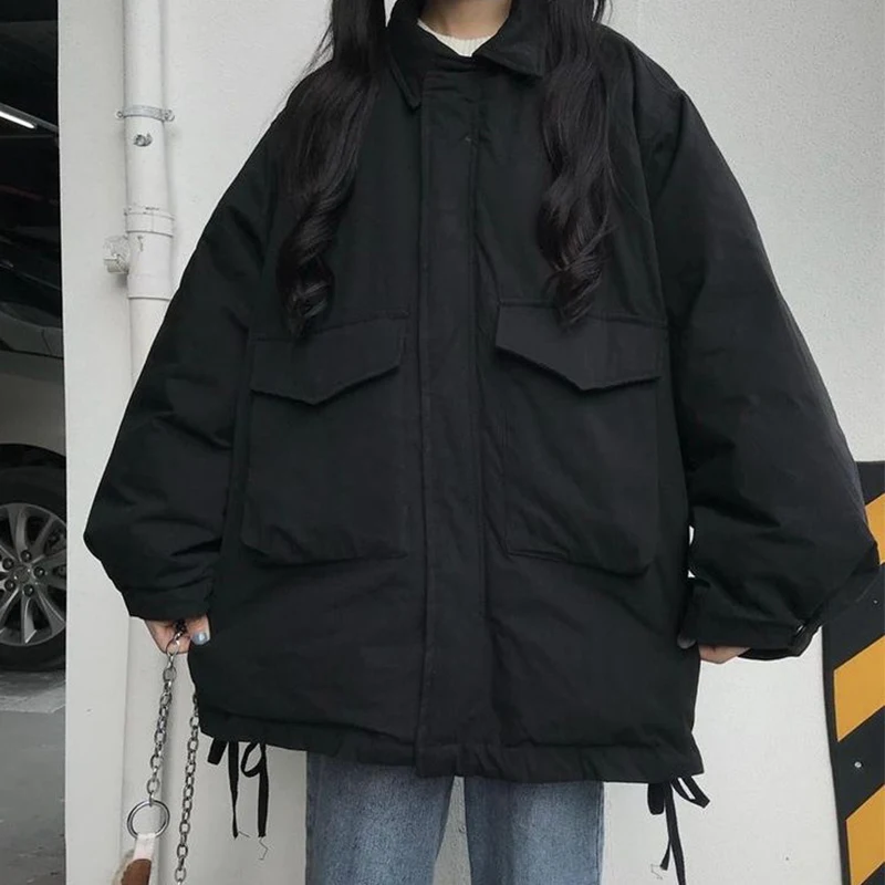 

Streetwear Chic Harajuku Cargo Outerwear Winter Punk Women Oversize Jacket Korean Vintage Gothic Black Zipper Long Sleeve Coat