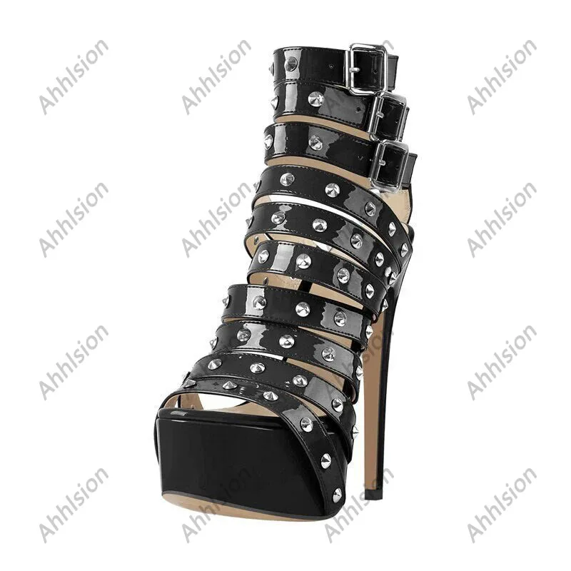Ahhlsion Handmade Women Gladiator Sandals Thin High Heels Round Toe Beautiful Red Yellow Pink Shoes Ladies US Plus Size 5-20