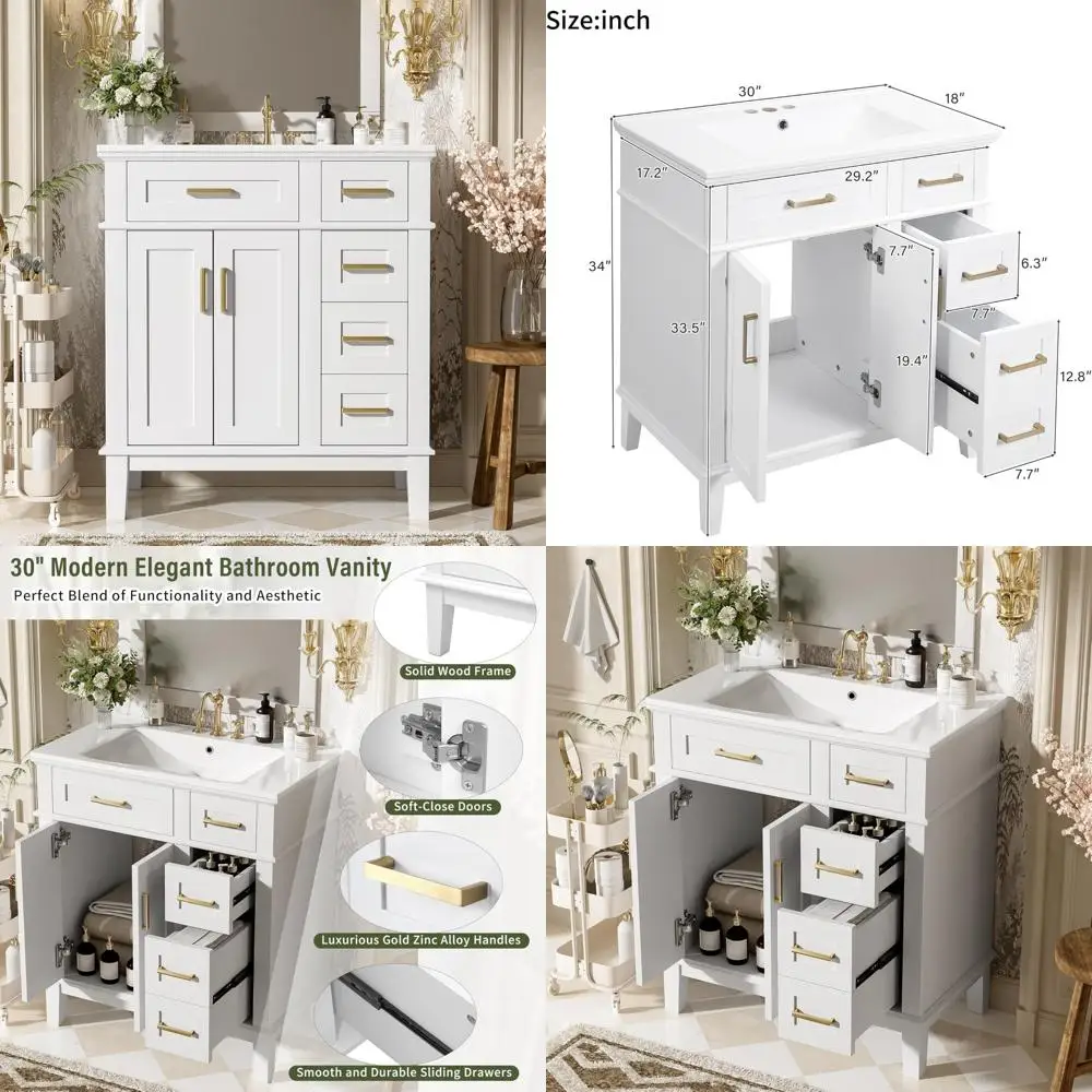 

30 inch white bathroom vanity set with soft-close doors and drawers for storage